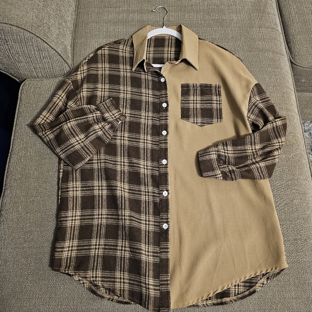 Brown Tan Plaid Oversized Button Casual Mixed Media Top Size Large
